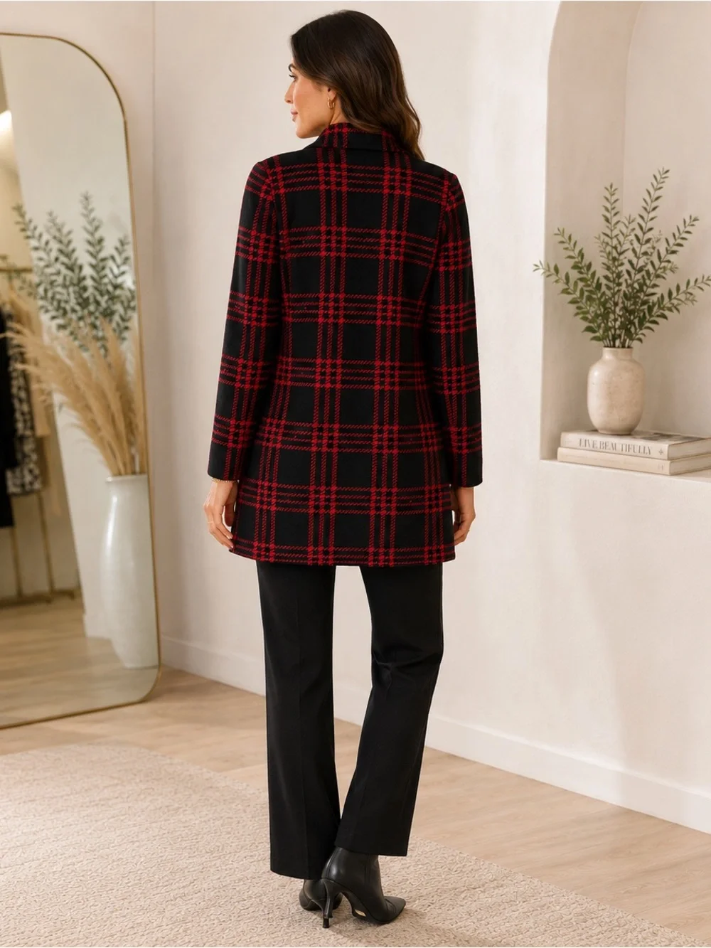 Anne Klein Red Black Plaid Double Breasted Knit Blazer Cardigan Size S